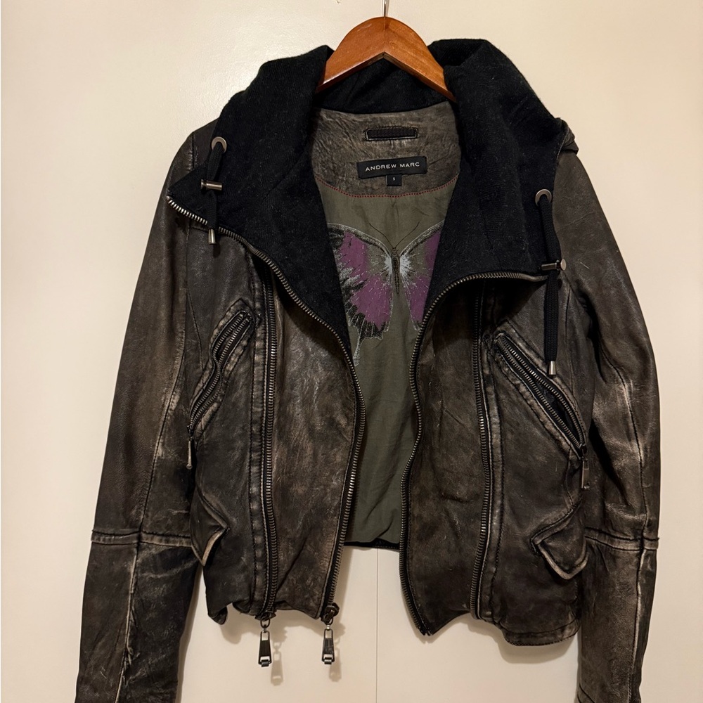 Andrew Marc Distressed Black/Brown Mix Leather Jacket